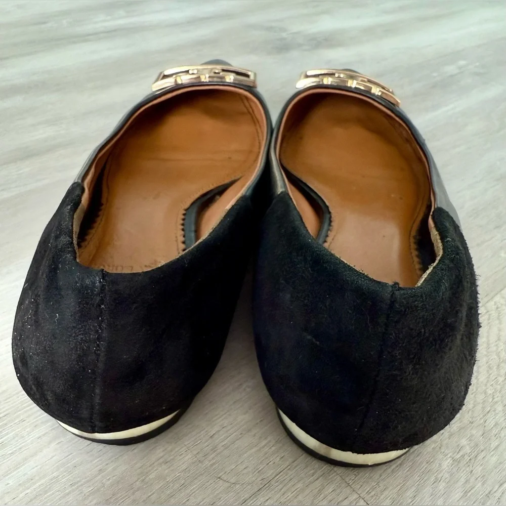 TORY BURCH Suede-trimmed Embellished Leather Point-toe Flats In Perfect Black 7